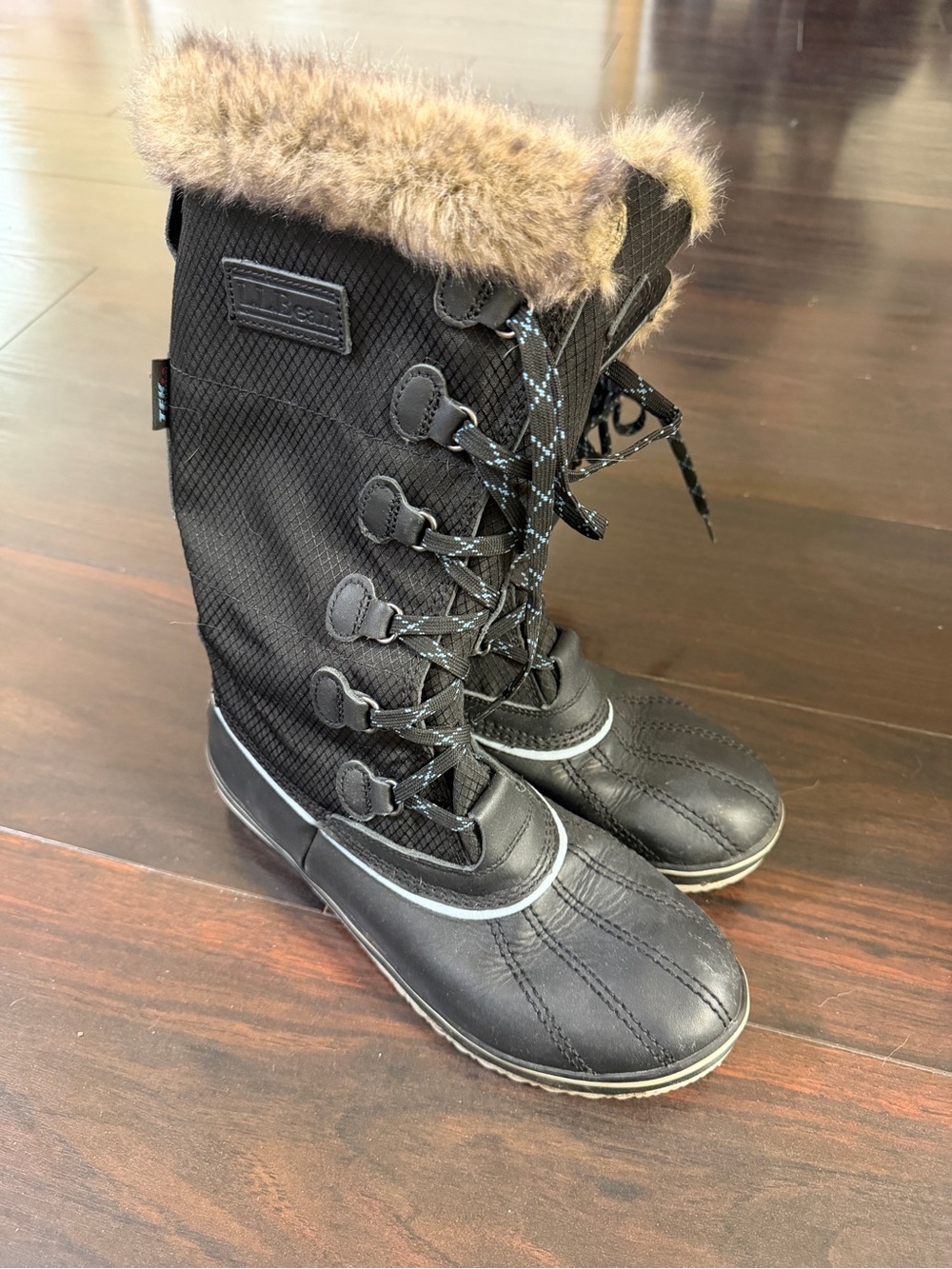 L.L. Bean Black Lace-Up Winter Boots with Faux Fur Trim